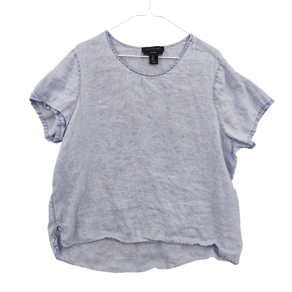 Tahari Womens Coastal Minimalist 100% Linen Blouse 1X Blue Short Sleeve Relaxed